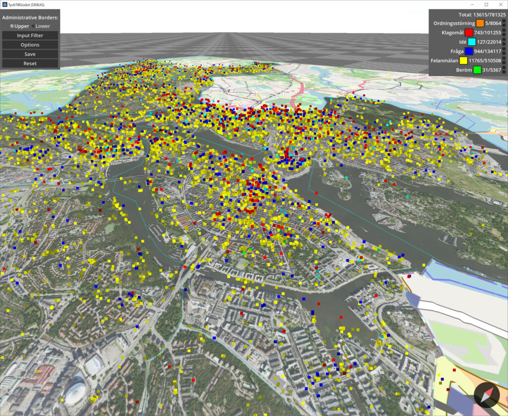 Perspective view of a map of Stockholm with points showing reports related to garbage reported on the weekend.