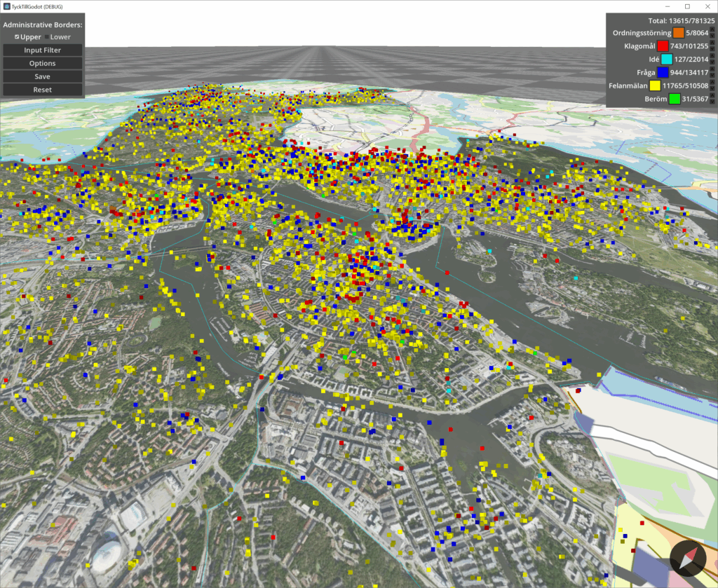 Perspective view of a map of Stockholm with points showing reports related to garbage reported on the weekend.
