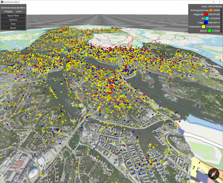 Perspective view of a map of Stockholm with points showing reports related to garbage reported on the weekend.