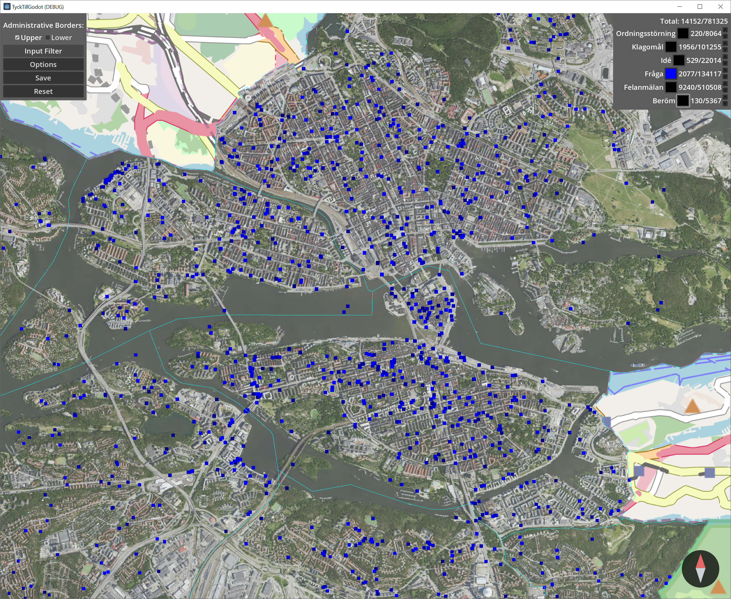 Map with Stockholm showing points for questions asked on Mondays after 20:00.